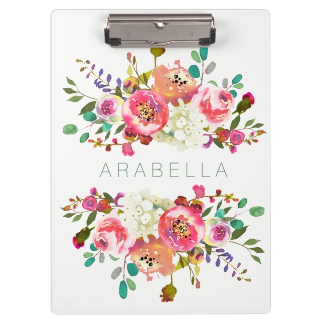 Schönes Aquarell mit Blumen mit Ihrem Namen Klemmbrett (Vorderseite)