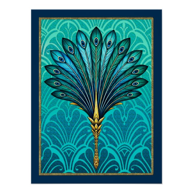 Schönes Art Deco Pfauenfan Poster. Poster (Vorderseite)