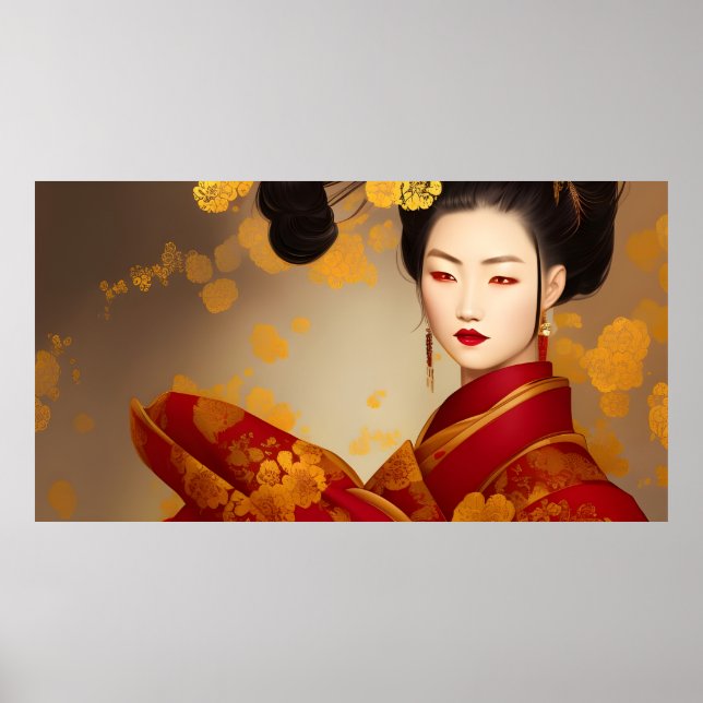 Schönes asiatisches Mädchen geisha rotes Gold 2 Poster (Vorne)