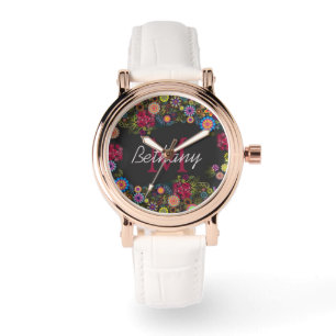 Schönes, aufwendiges, dunkles Blumenmuster persona Armbanduhr