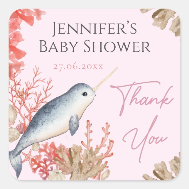 Schönes Baby Narwhal seashell Baby Dusche Danke Quadratischer Aufkleber (Vorderseite)