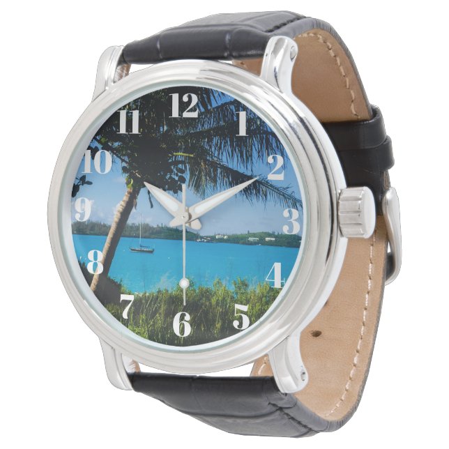 Schönes Bermuda Boat & Tropical Beach Geschenk Armbanduhr (Schrägansicht)