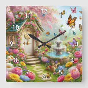 Schönes Bild eines Frühlingsblumengartens Quadratische Wanduhr
