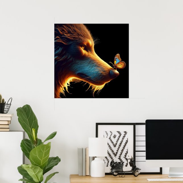 Schönes Bild von Wolf und Schmetterling rückbeleuc Poster (Heimbüro)