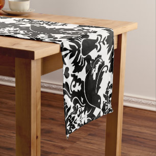 Schönes Black Love Bird Damask Muster Kurzer Tischläufer