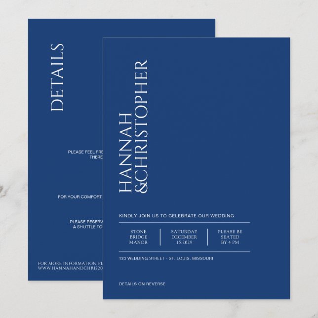 Schönes Blau mit Details Hochzeit Einladung (Vorne/Hinten)