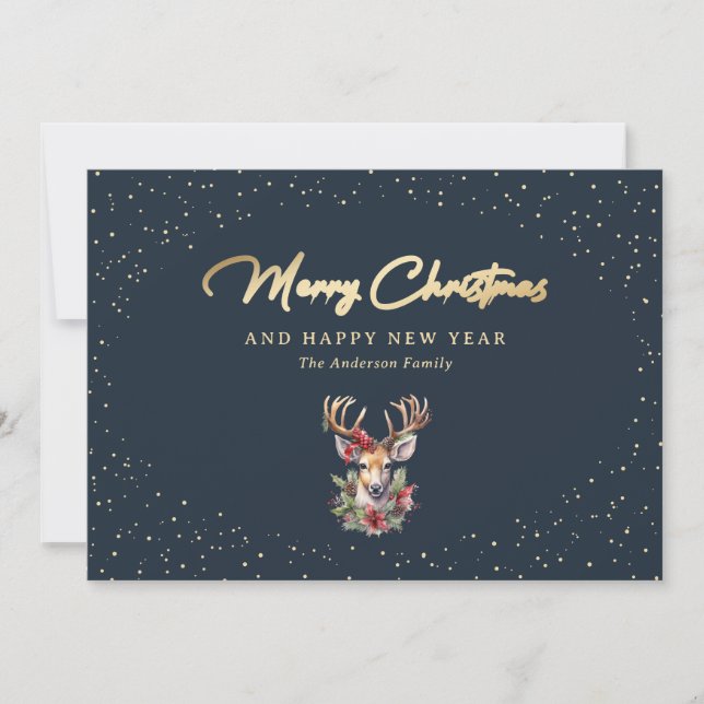 Schönes Blau und Gold Rentierfest Weihnachten (Vorderseite)