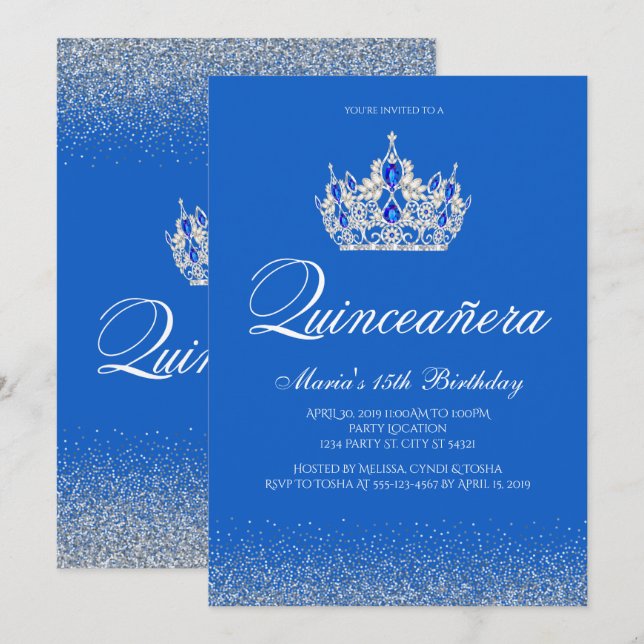 Schönes Blau und Silver Quinceanera Einladungen (Vorne/Hinten)