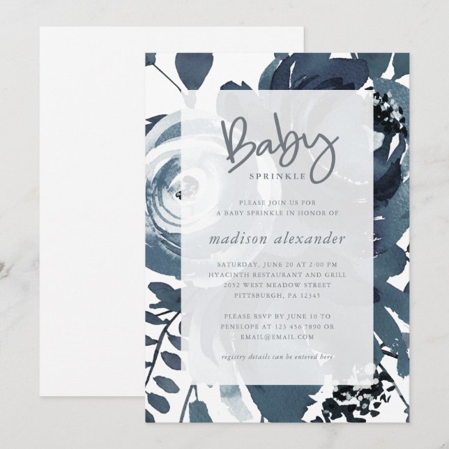 Schönes Blau und Weiß Blütenbaby Sprinkle Einladung (Vorne/Hinten)