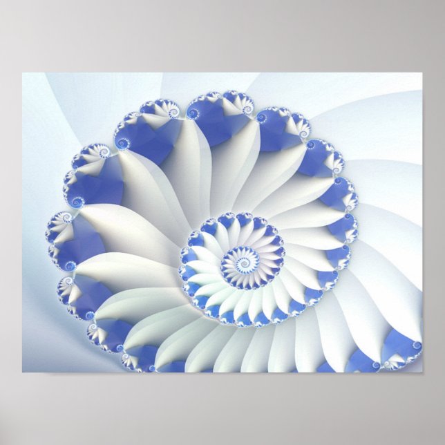 Schönes Blau und Weiß Meer Muschel Feines Fraktal  Poster (Vorne)