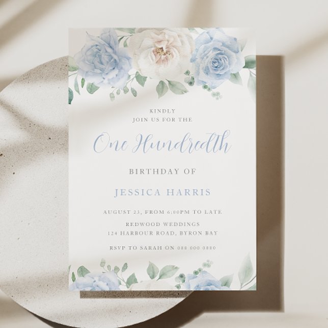 Schönes Blau und Weiße Blüte 100. Geburtstag Einladung (Von Creator hochgeladen)