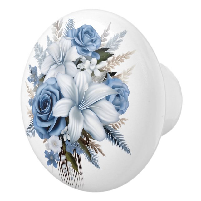 Schönes Blau und Weiße Rosen Lilies Keramikknauf (Rechts)