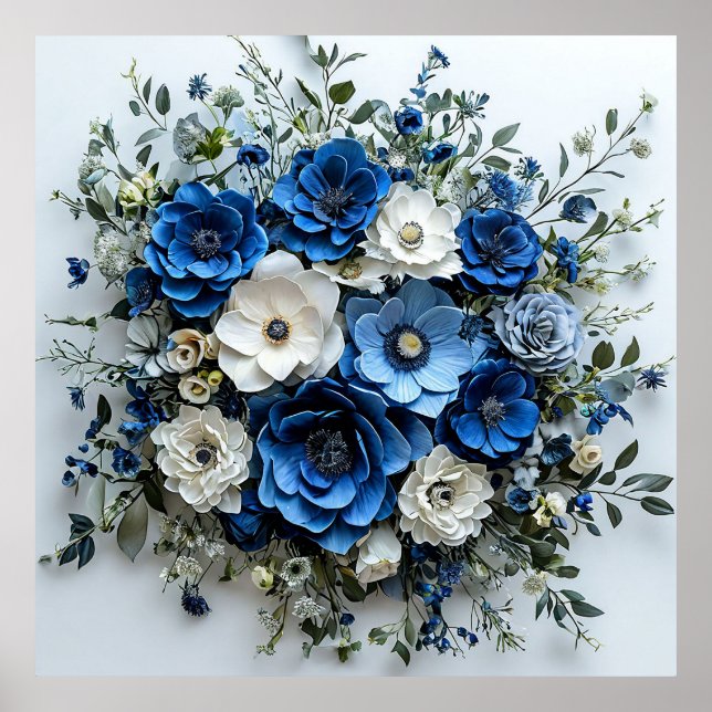 Schönes Blau-Weiß-Blumenarrangement Poster (Vorne)