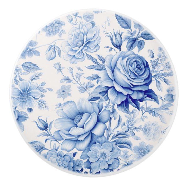 Schönes Blau & Weiße Rosen & Wildblumen Keramikknauf (Vorderseite)