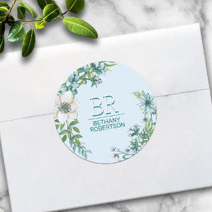 Schönes blaues Aquarell-Blumenmuster personalisier Runder Aufkleber