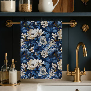 Schönes Blaues Elfenbeinernes Blumen Elegantes Küc Geschirrtuch