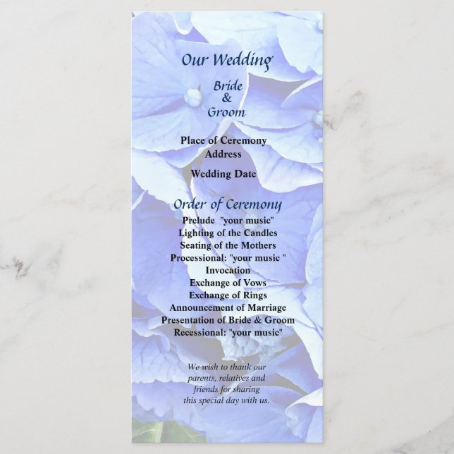 Schönes blaues Hydrangea-Hochzeitsprogramm Programm (Vorderseite)