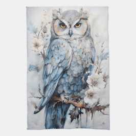 Schönes blaues Owl auf einem Zweig Weihnachten Geschirrtuch