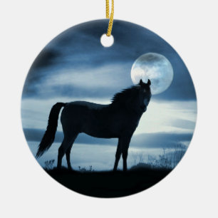 Schönes Blaues Pferd und Mond Keramik Ornament