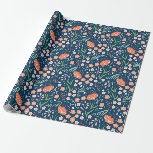 Schönes blaues und orangefarbenes Blumenpapier Geschenkpapier (Ungerollt)