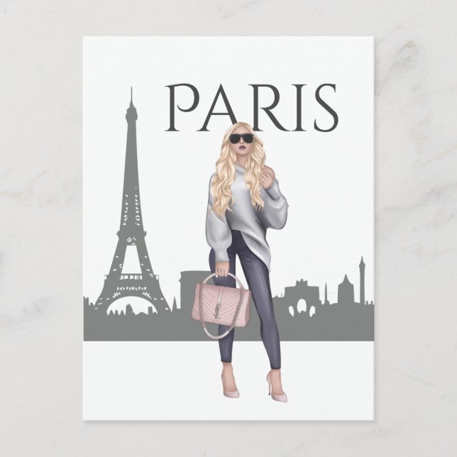 Schönes Blond Girl in Paris mit Eiffelturm Postkarte (Vorderseite)