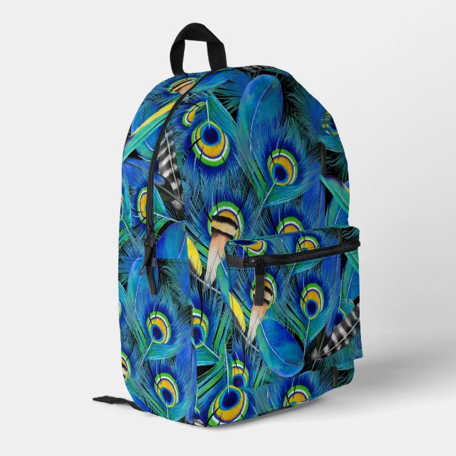 Schönes Blue Peacock Feathers Bright Bedruckter Rucksack (Rückseitige Ecke links)