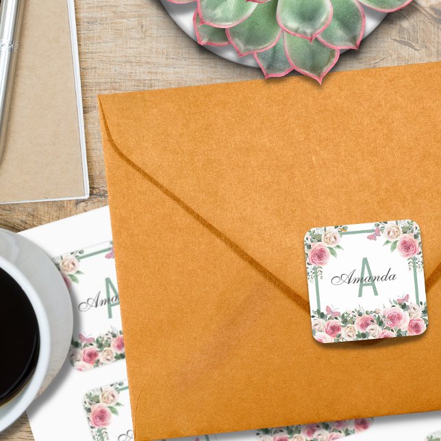 Schönes Blumendesign Monogramm Quadratischer Aufkleber (Von Creator hochgeladen)