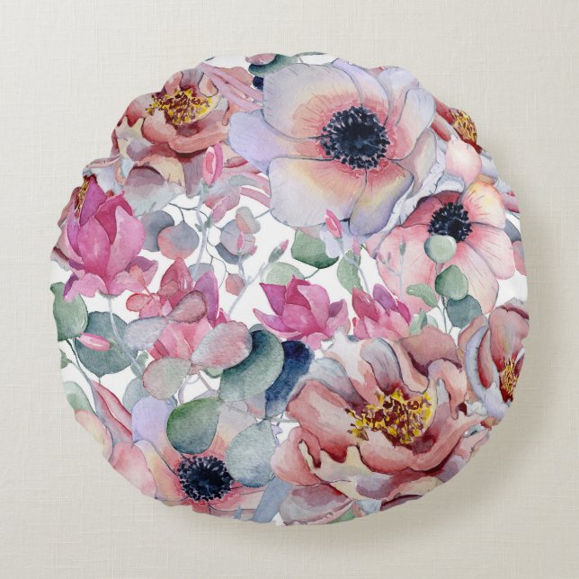 Schönes, blumengeschmücktes Rundkissen Rundes Kissen (Vorderseite)