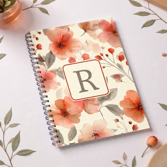 Schönes Blumenmonogramm-Vorlage Personalisiert Notizblock (Pretty Flower Monogram Template Personalized Notebook by Ricaso. Elegant monogrammed gift ideas)