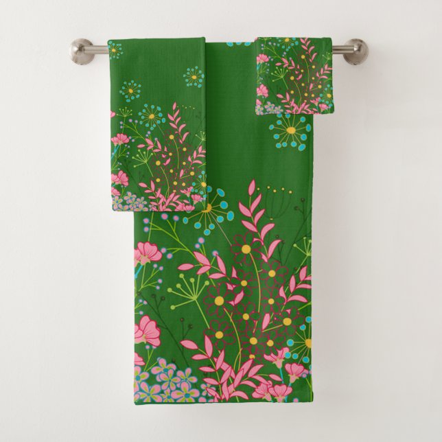Schönes Blumenmuster auf grünem Hintergrund Badhandtuch Set (Insitu)