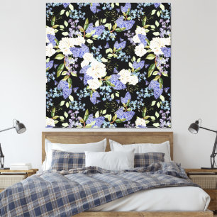 Schönes Blumenmuster Rosen Iris Rosa Blau Leinwanddruck