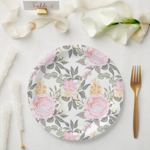 Schönes Blumenrosa und grünes Blattwerk Pappteller