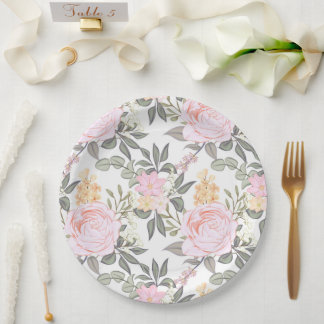 Schönes Blumenrosa und grünes Blattwerk Pappteller