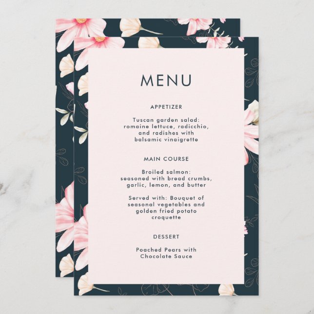 Schönes Blush Blue Wedding Menu (Vorne/Hinten)