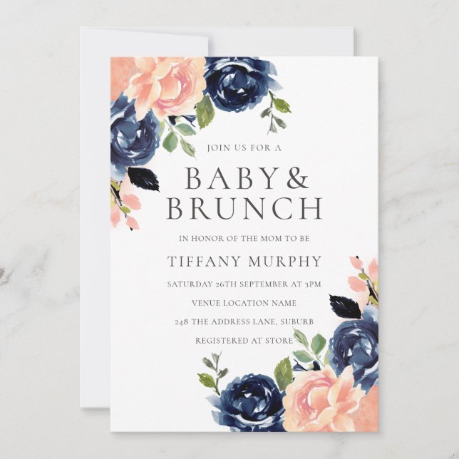 Schönes Blush & Navy Blume Babydusche Brunch Einladung (Vorderseite)