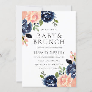 Schönes Blush & Navy Blume Babydusche Brunch Einladung