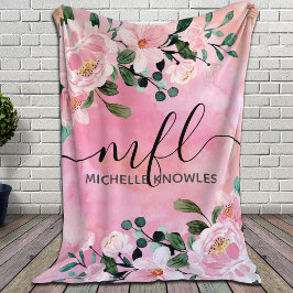 Schönes Blush Pink Floral Trendy Script Monogramm Fleecedecke
