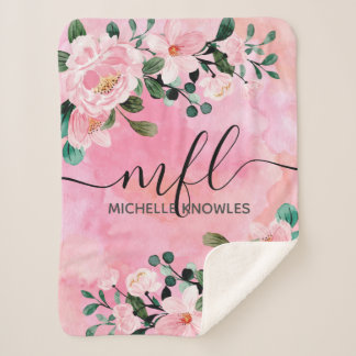 Schönes Blush Pink Floral Trendy Script Monogramm Sherpadecke