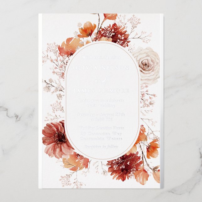 Schönes Boho Blumenrahmen Hochzeit Real Silver Folieneinladung (Vorderseite)