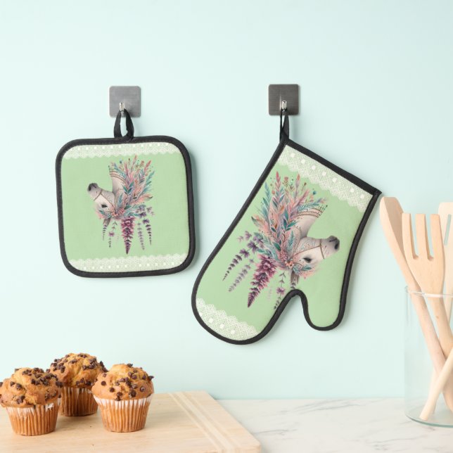 Schönes Boho-Pferd Ofenhandschuh & Topflappen-Set (Insitu (Hängend))