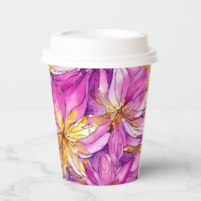 Schönes Boho Pink und Gold Floral Muster Pappbecher (Vorderseite)