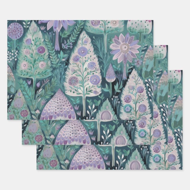 Schönes botanisches Lila und Minzpapier Geschenkpapier Set (Set)