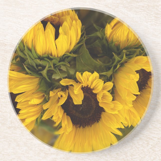 Schönes Bouquet mit Gold Sonnenblumen Rundkissen Getränkeuntersetzer (Vorne)