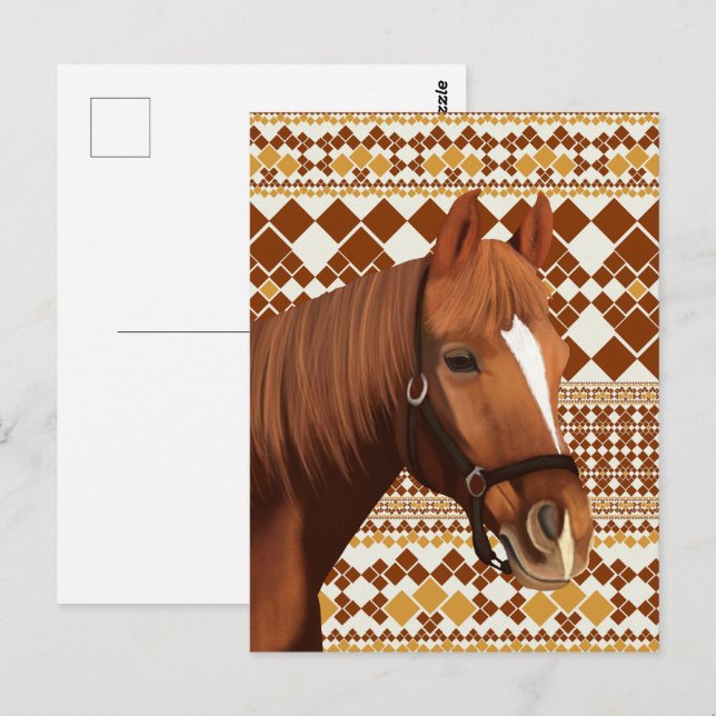 Schönes braunes Pferd auf dem geometrischen Muster Postkarte (Vorne/Hinten)