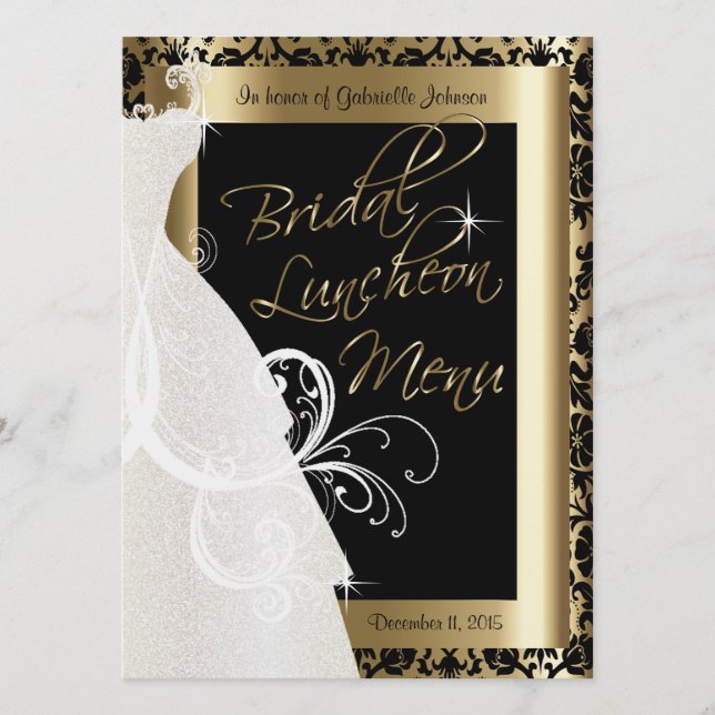 Schönes Bridal-Menü in Gold & Black Damask Menükarte (Vorderseite)
