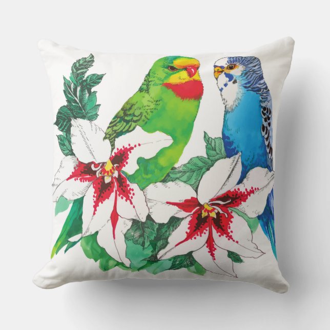 Schönes Budgie Couple Throw Kissen (Vorderseite)