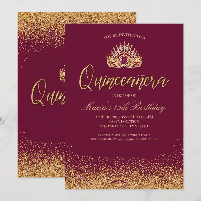 Schönes Burgund und Gold Quinceñera Einladung (Vorne/Hinten)