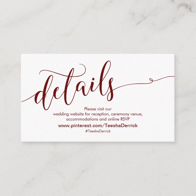 Schönes Burgund, Website für Hochzeiten Details Begleitkarte (Vorderseite)
