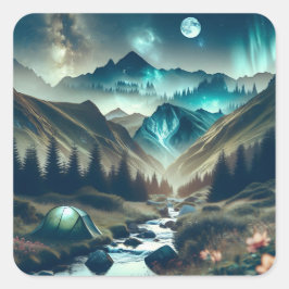 Schönes Camping mit Bergen und Zelt Quadratischer Aufkleber