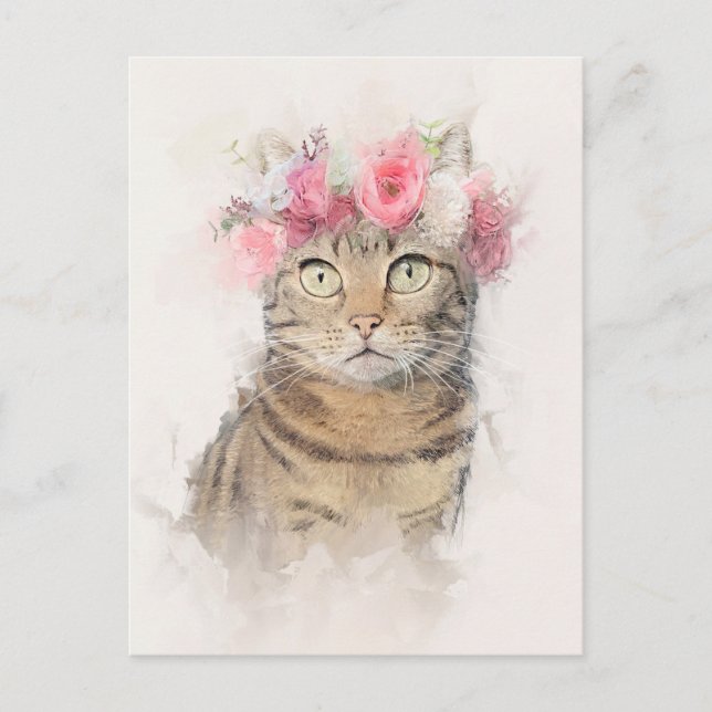 Schönes Cat Blume Crown Portrait Postkarte (Vorderseite)